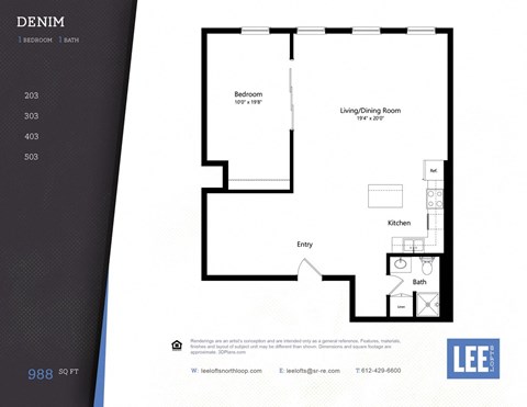 A floor plan for a one bedroom apartment measuring 988 square feet.